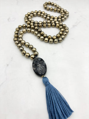 pyrite gemstone mala necklace with labradorite guru bead and blue tassel | radiant malas | handmade in boulder, colorado