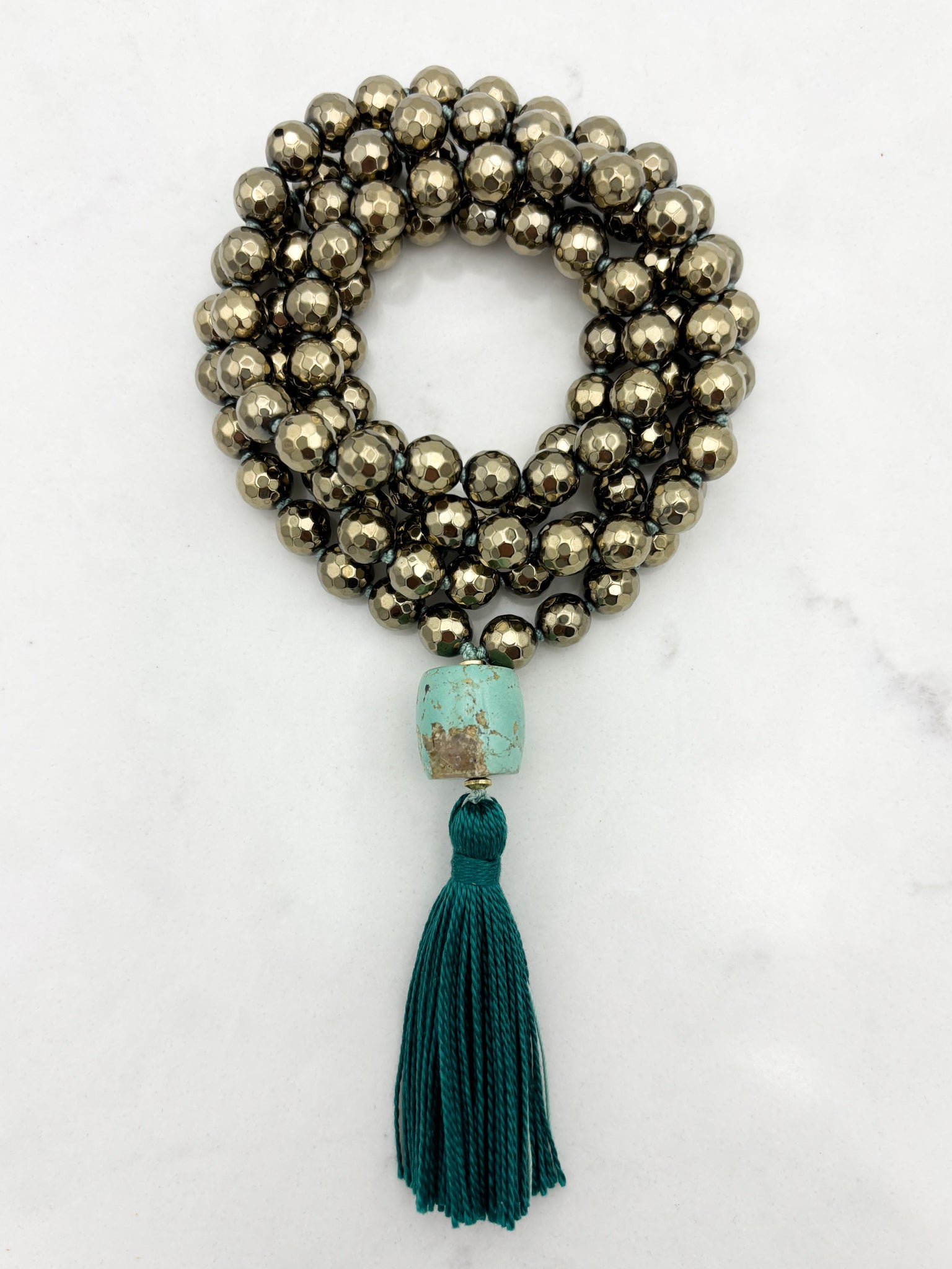 pyrite gemstone mala necklace with turquoise guru bead and green tassel | radiant malas | handmade in boulder, colorado
