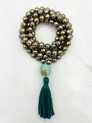 pyrite gemstone mala necklace with turquoise guru bead and green tassel | radiant malas | handmade in boulder, colorado
