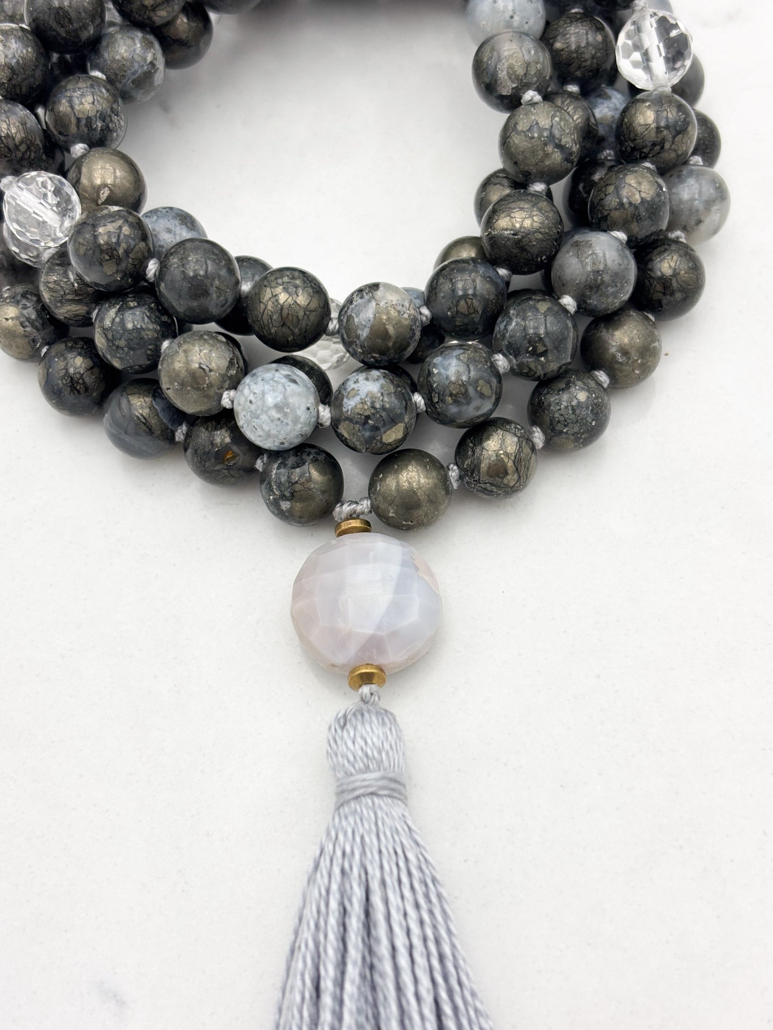 pyrite in agate gemstone mala with peruvian opal guru bead and gray tassel | radiant malas | handmade in boulder, colorado