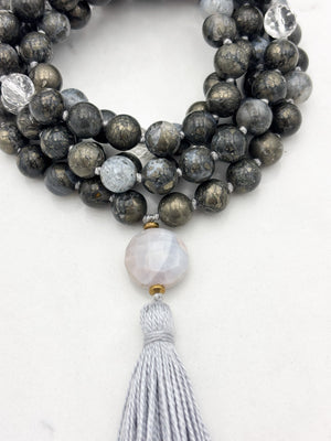 pyrite in agate gemstone mala with peruvian opal guru bead and gray tassel | radiant malas | handmade in boulder, colorado