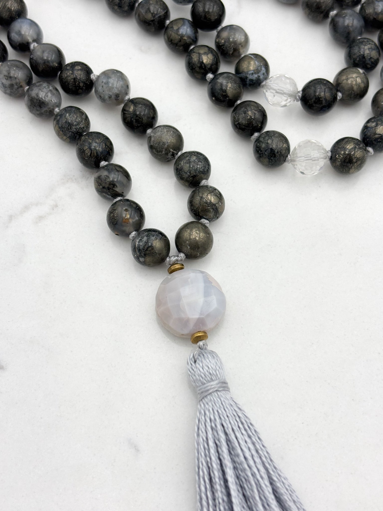 pyrite in agate gemstone mala with peruvian opal guru bead and gray tassel | radiant malas | handmade in boulder, colorado