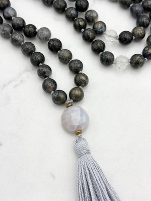 pyrite in agate gemstone mala with peruvian opal guru bead and gray tassel | radiant malas | handmade in boulder, colorado