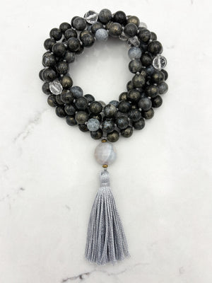 pyrite in agate gemstone mala with peruvian opal guru bead and gray tassel | radiant malas | handmade in boulder, colorado