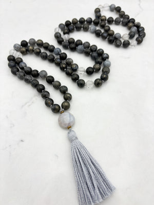 pyrite in agate gemstone mala with peruvian opal guru bead and gray tassel | radiant malas | handmade in boulder, colorado