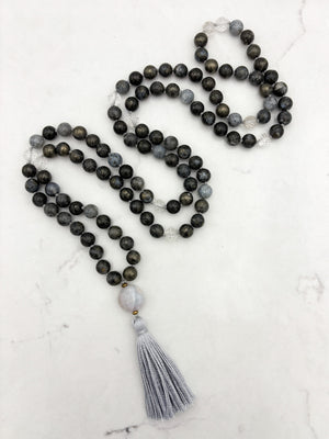 pyrite in agate gemstone mala with peruvian opal guru bead and gray tassel | radiant malas | handmade in boulder, colorado