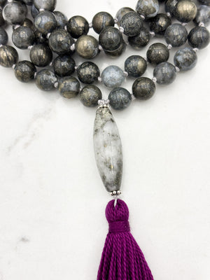 pyrite in agate gemstone mala with pyrite in quartz guru bead and purple tassel | radiant malas | handmade in boulder, colorado