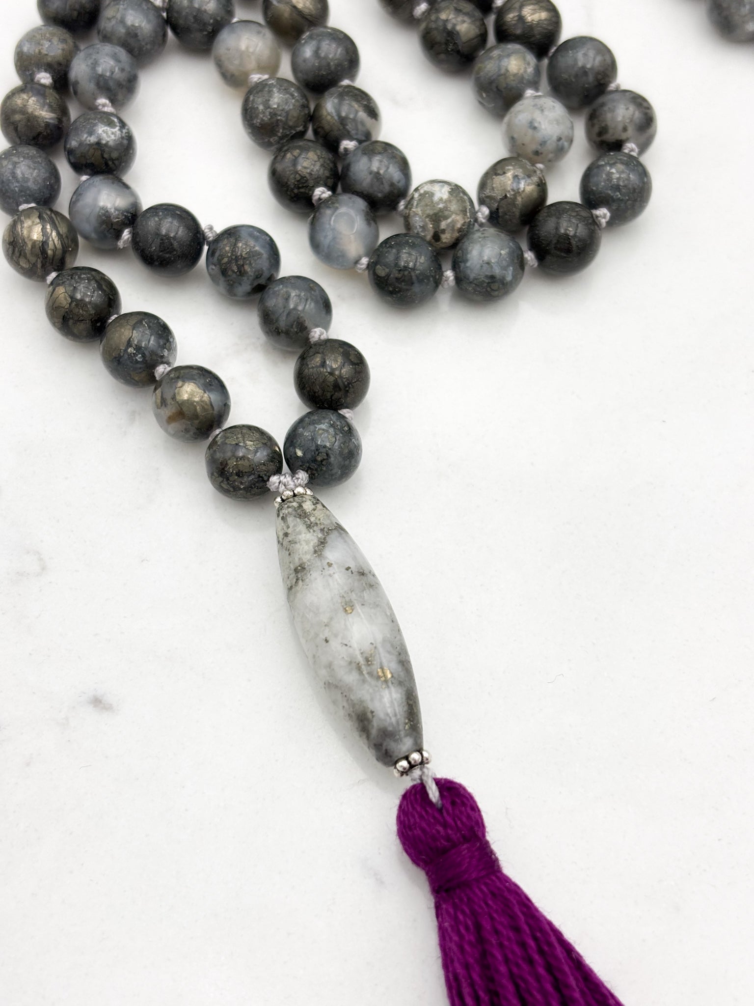 pyrite in agate gemstone mala with pyrite in quartz guru bead and purple tassel | radiant malas | handmade in boulder, colorado
