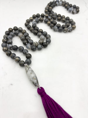 pyrite in agate gemstone mala with pyrite in quartz guru bead and purple tassel | radiant malas | handmade in boulder, colorado