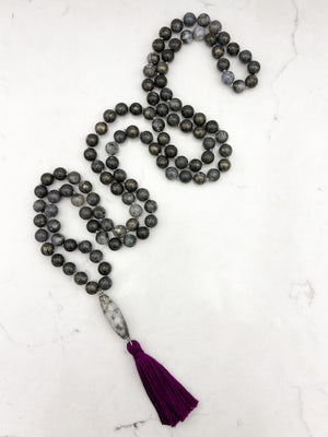 pyrite in agate gemstone mala with pyrite in quartz guru bead and purple tassel | radiant malas | handmade in boulder, colorado