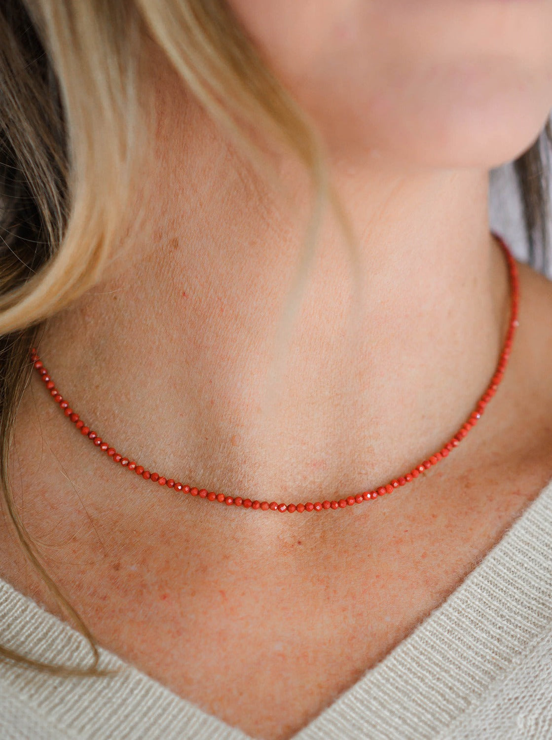 red coral 16" tiny gemstone necklace | radiant malsas | handmade in boulder, colorado