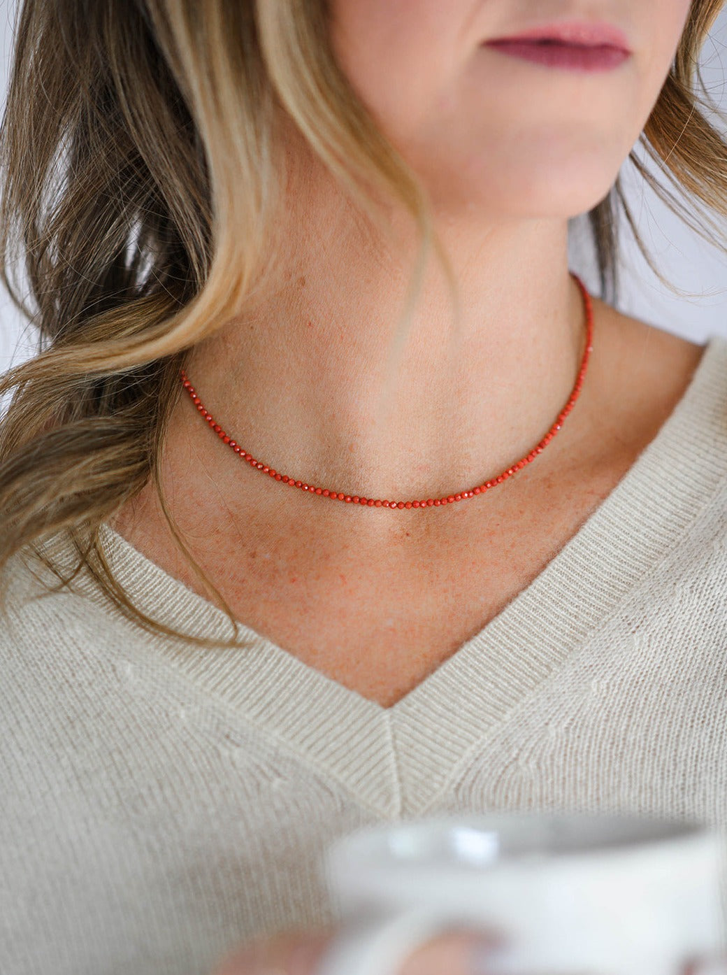 red coral 16" tiny gemstone necklace | radiant malsas | handmade in boulder, colorado