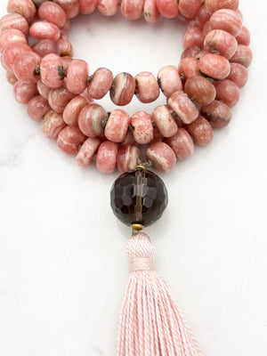 rhodochrosite gemstone mala with smoky quartz guru bead and pink tassel | radiant malas | handmade in boulder, colorado