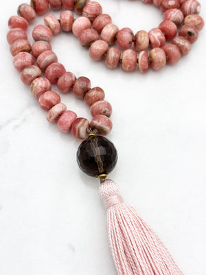 rhodochrosite gemstone mala with smoky quartz guru bead and pink tassel | radiant malas | handmade in boulder, colorado