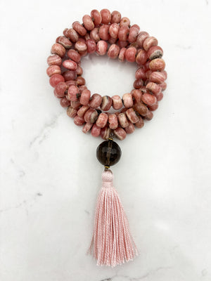 rhodochrosite gemstone mala with smoky quartz guru bead and pink tassel | radiant malas | handmade in boulder, colorado