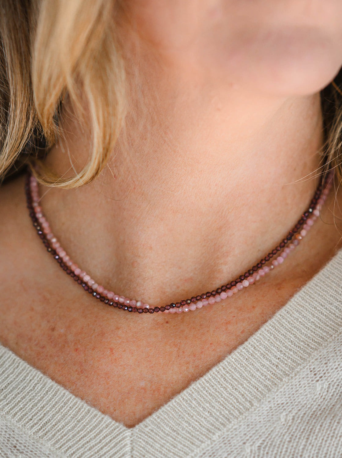 rhodochrosite layered with garnet 16" tiny gemstone necklace | radiant malas | handmade in boulder, colorado