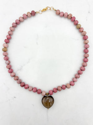 rhodonite knotted gemstone necklace with smoky quartz heart pendant | radaiant malas | handmade in boulder, colorado
