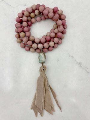 Rhodonite Gemstone Mala with Silk Tassel