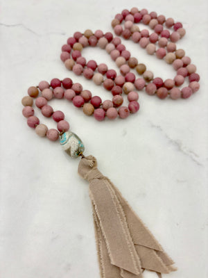 Rhodonite Gemstone Mala with Silk Tassel