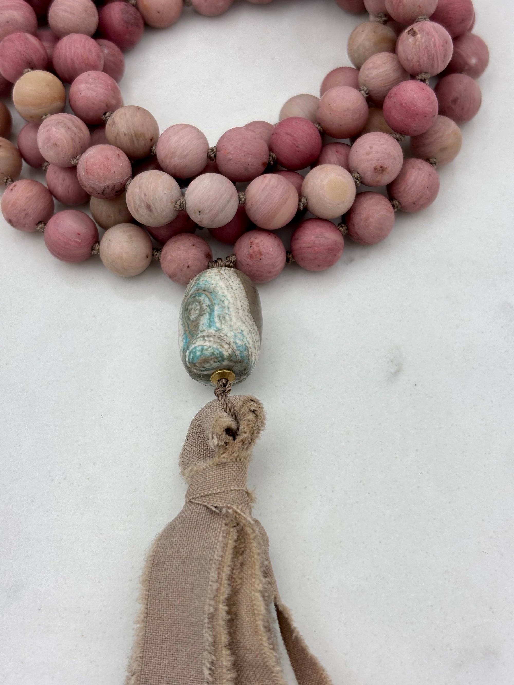 Rhodonite Gemstone Mala with Silk Tassel