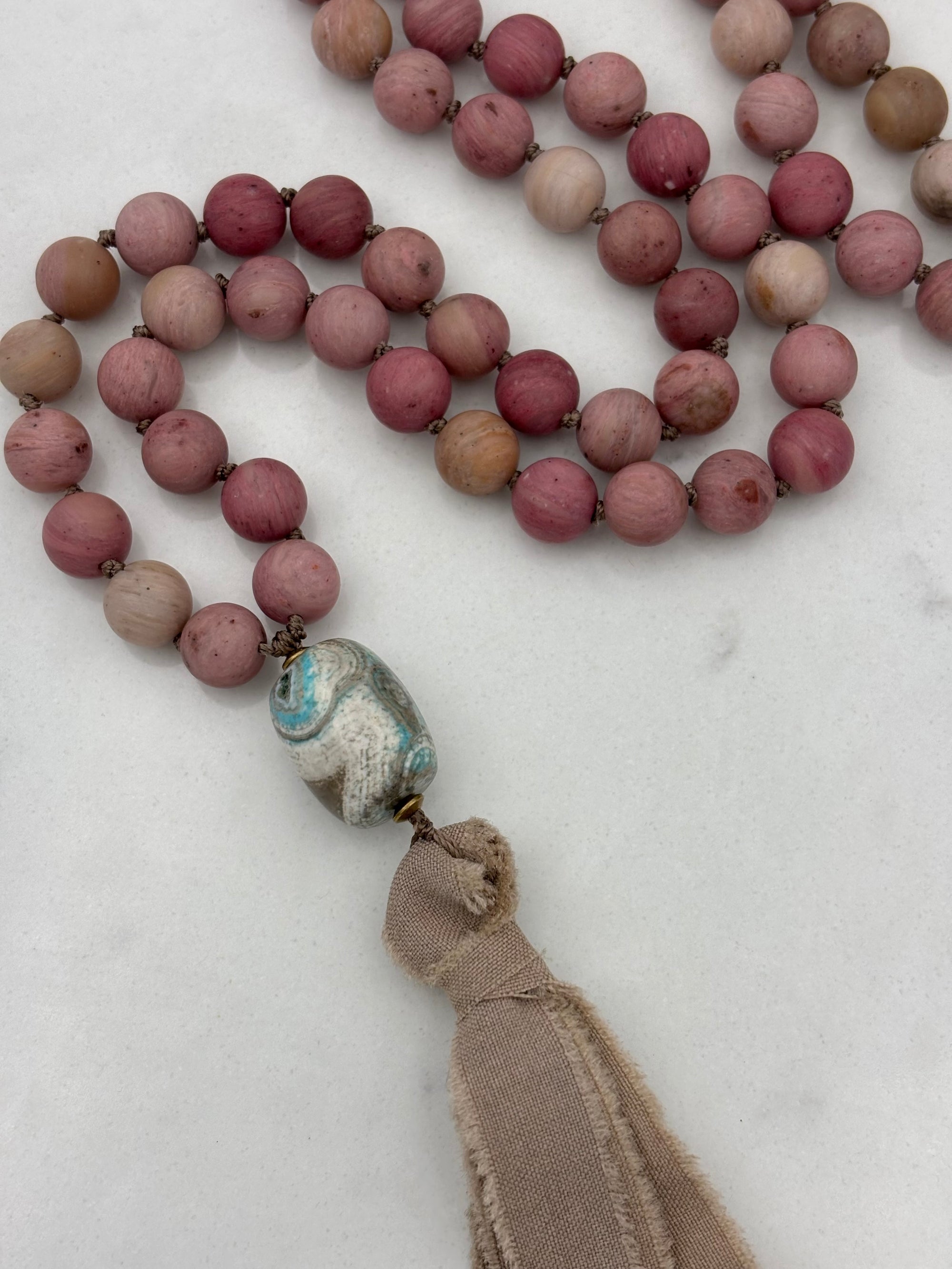 Rhodonite Gemstone Mala with Silk Tassel