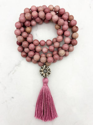 rhodonite gemstone mala with flower carved bone guru bead and pink tassel | radiant malas | handmade in boulder, colorado