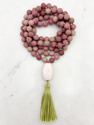 rhodonite gemstone mala with shell guru bead and green tassel | radiant malas | handmade in boulder, colorado