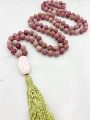 rhodonite gemstone mala with shell guru bead and green tassel | radiant malas | handmade in boulder, colorado