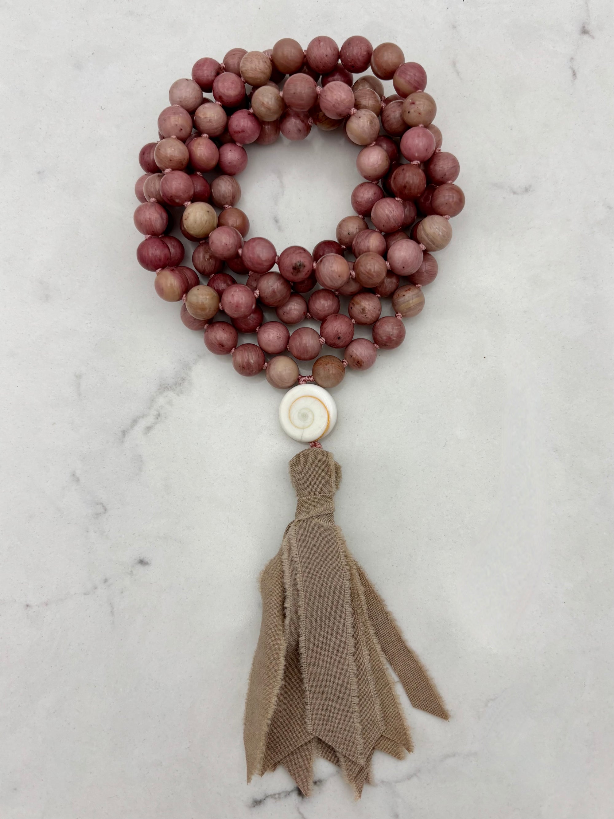 rhodonite gemstone mala necklace | radiant malas | handmade in boulder, colorado