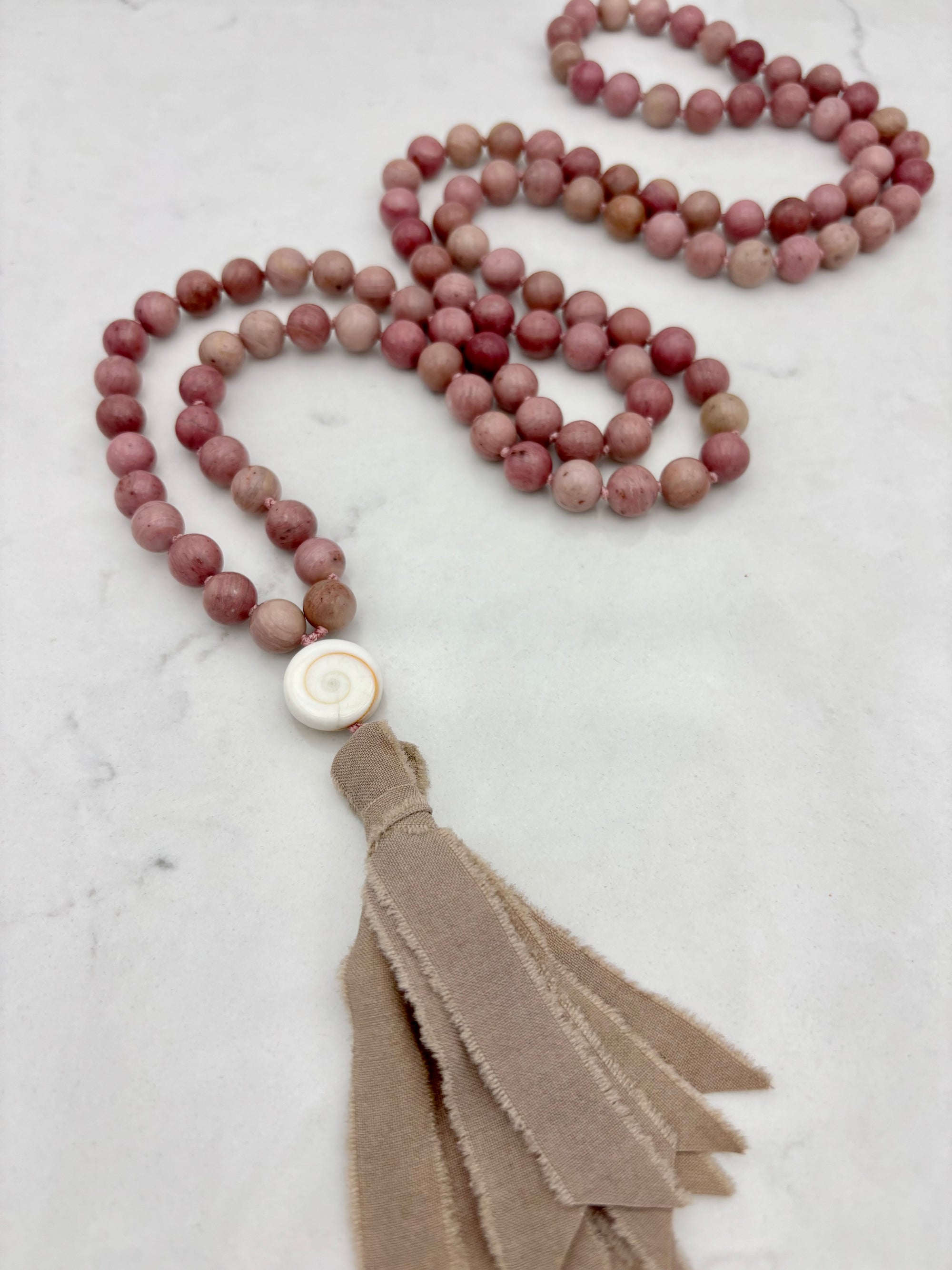 rhodonite gemstone mala necklace | radiant malas | handmade in boulder, colorado