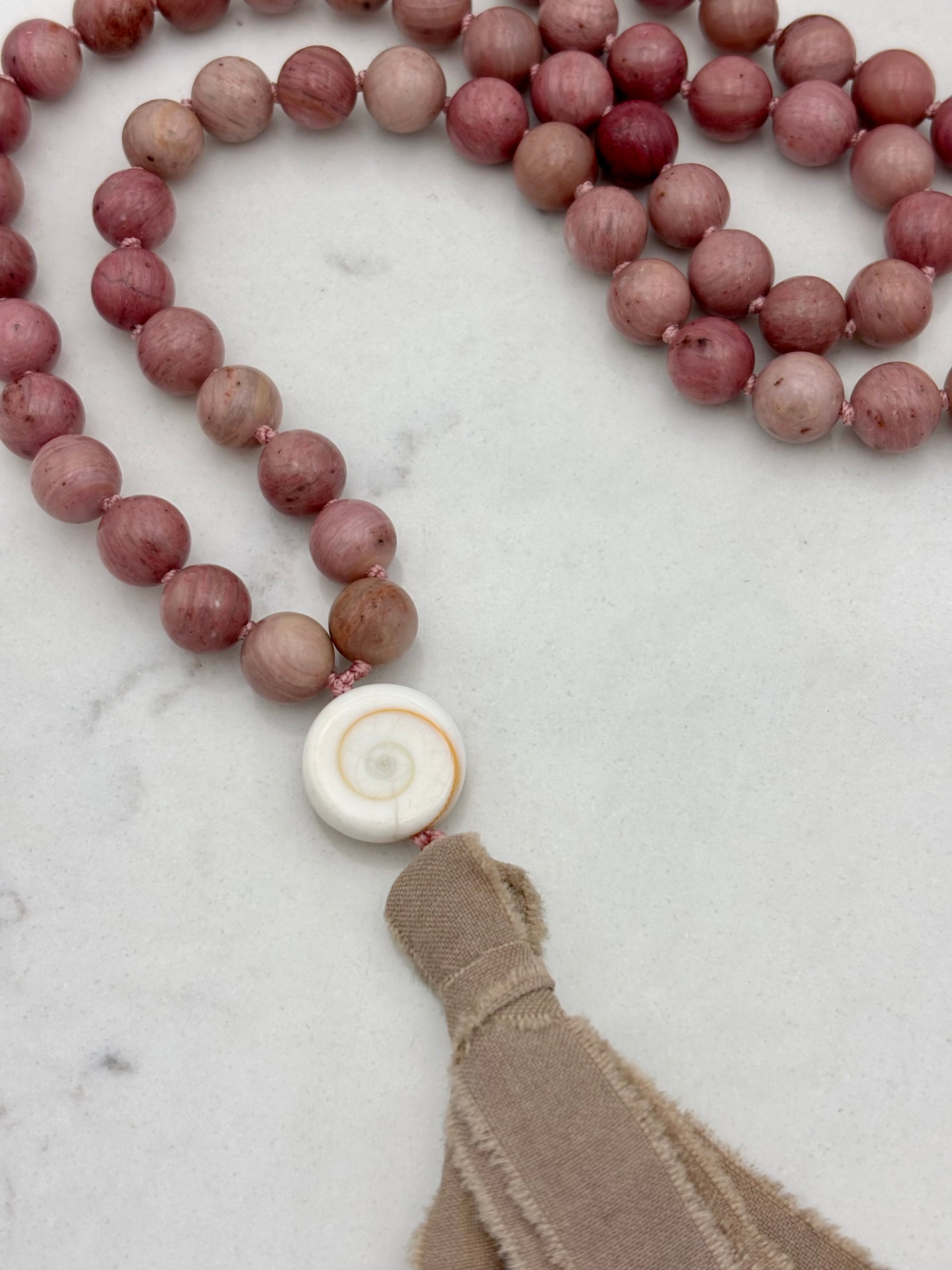 rhodonite gemstone mala necklace | radiant malas | handmade in boulder, colorado