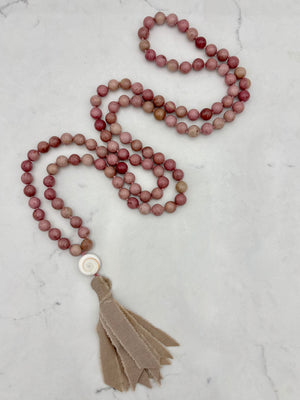 rhodonite gemstone mala necklace | radiant malas | handmade in boulder, colorado