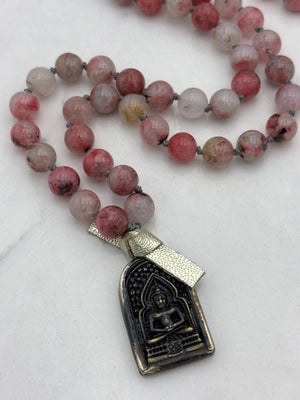 rhodonite in quartz gemstone mala with brass buddha pendant | radiant malas | handmade in boulder, colorado