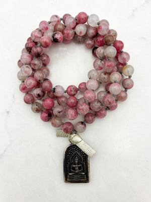 rhodonite in quartz gemstone mala with brass buddha pendant | radiant malas | handmade in boulder, colorado