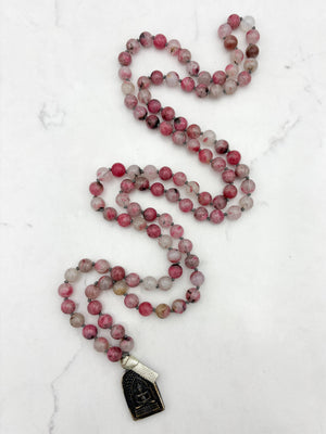 rhodonite in quartz gemstone mala with brass buddha pendant | radiant malas | handmade in boulder, colorado
