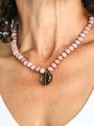 rhodonite knotted gemstone necklace with smoky quartz heart pendant | radaiant malas | handmade in boulder, colorado
