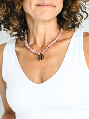 rhodonite knotted gemstone necklace with smoky quartz heart pendant | radaiant malas | handmade in boulder, colorado