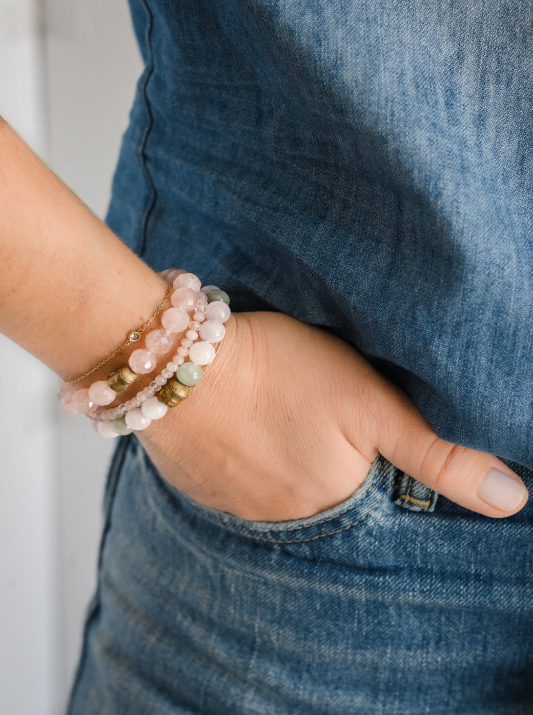 kunzite and rose quartz gemstone bracelets | radiant malas | handmade in boulder, colorado