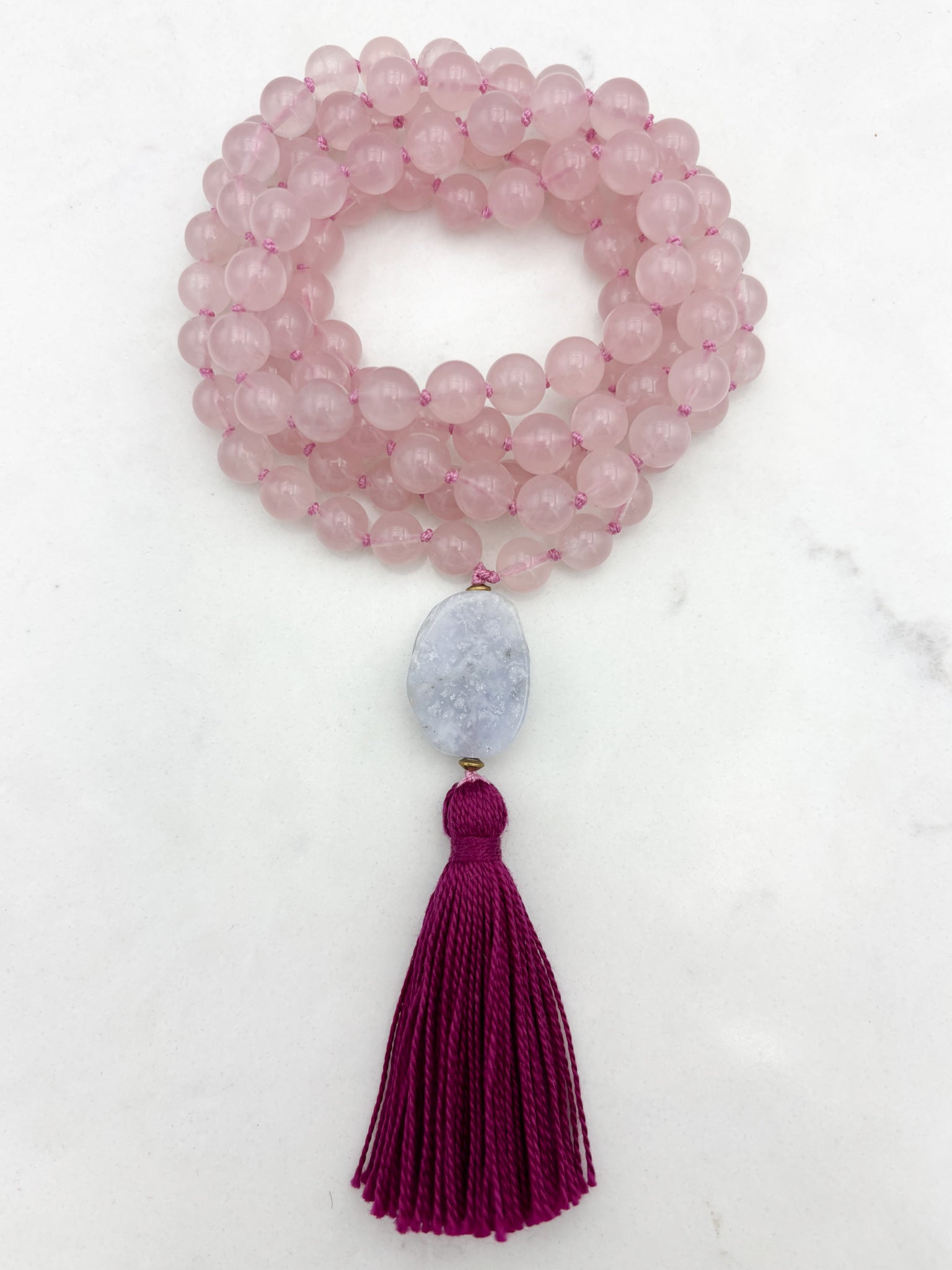 rose quartz gemstone mala with blue lace agate guru bead and hot pink tasssel | radiant malas | handmade in boulder, colorado