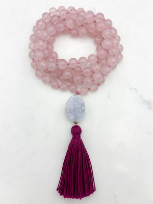 rose quartz gemstone mala with blue lace agate guru bead and hot pink tasssel | radiant malas | handmade in boulder, colorado