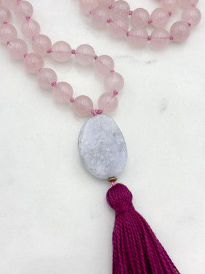 rose quartz gemstone mala with blue lace agate guru bead and hot pink tasssel | radiant malas | handmade in boulder, colorado