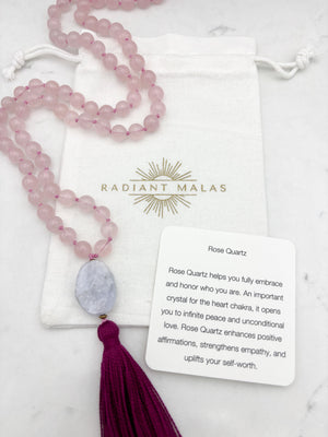 rose quartz gemstone mala with blue lace agate guru bead and hot pink tasssel | radiant malas | handmade in boulder, colorado