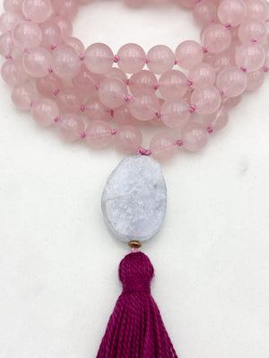 rose quartz gemstone mala with blue lace agate guru bead and hot pink tasssel | radiant malas | handmade in boulder, colorado