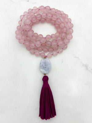 rose quartz gemstone mala necklace with blue lace agate guru bead and dark pink tassel | radiant malas | handmade in boulder, colorado