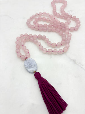 rose quartz gemstone mala necklace with blue lace agate guru bead and dark pink tassel | radiant malas | handmade in boulder, colorado