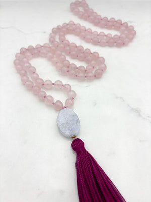rose quartz gemstone mala with blue lace agate guru bead and hot pink tasssel | radiant malas | handmade in boulder, colorado