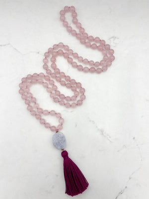 rose quartz gemstone mala with blue lace agate guru bead and hot pink tasssel | radiant malas | handmade in boulder, colorado