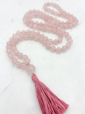rose quartz gemstone mala with rose quartz guru bead and pink tasssel | radiant malas | handmade in boulder, colorado