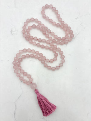 rose quartz gemstone mala with rose quartz guru bead and pink tasssel | radiant malas | handmade in boulder, colorado
