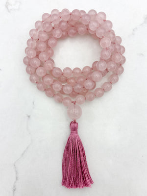 rose quartz gemstone mala with rose quartz guru bead and pink tasssel | radiant malas | handmade in boulder, colorado